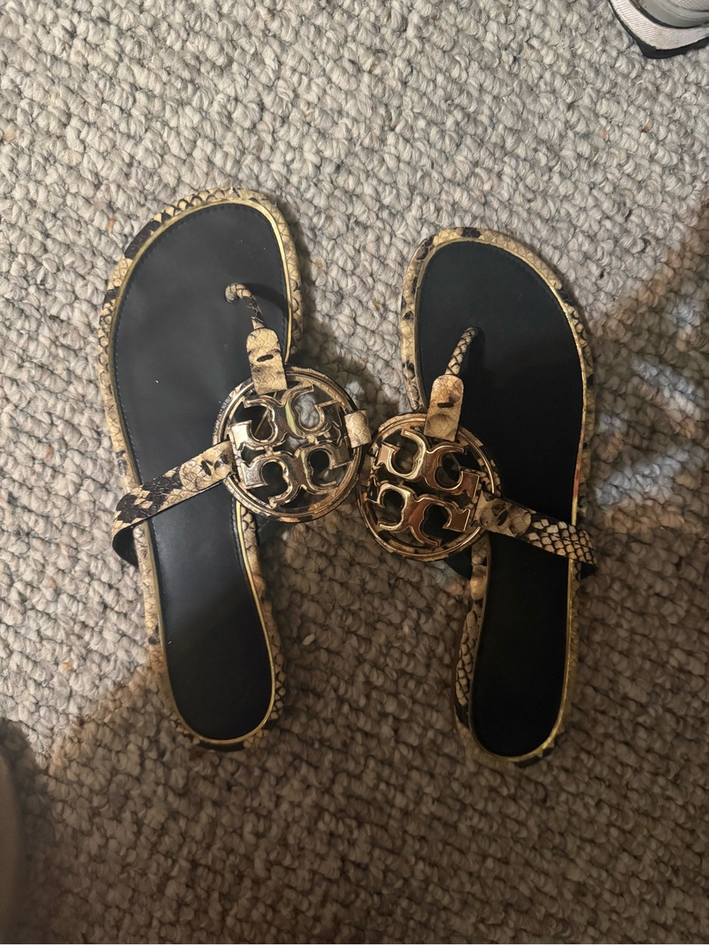 Tory Burch Gold Snake-Print Logo Thong Sandals